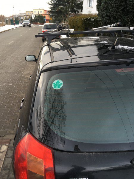 zielony listek przyklejony na tylnej szybie samochodu