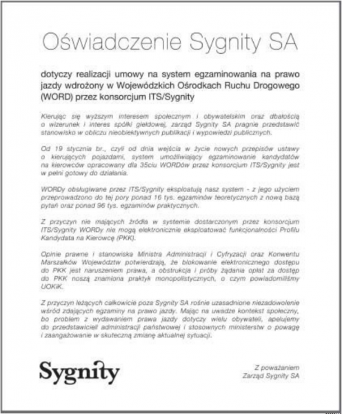 oświadczenie SYGNITY SA