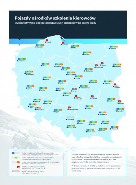 Pojazdy ośrodków szkolenia kierowców wykorzystywane podczas państwowych egzaminów na prawo jazdy - mapka
